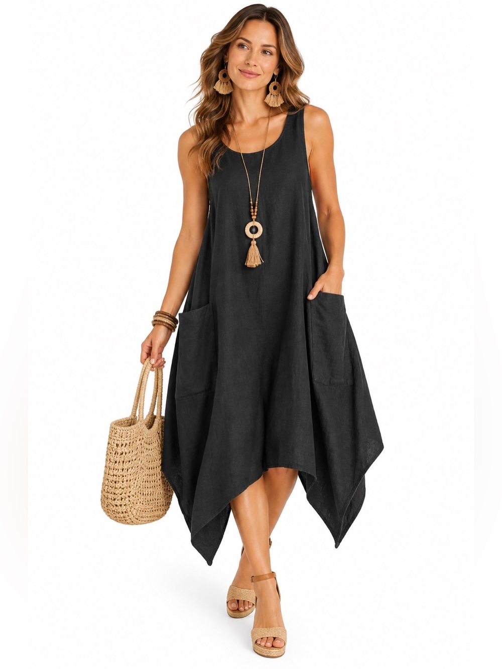 Layer Cake Linen Lagenlook Asymmetric Pocket Tunic Dress Black 2X Made England